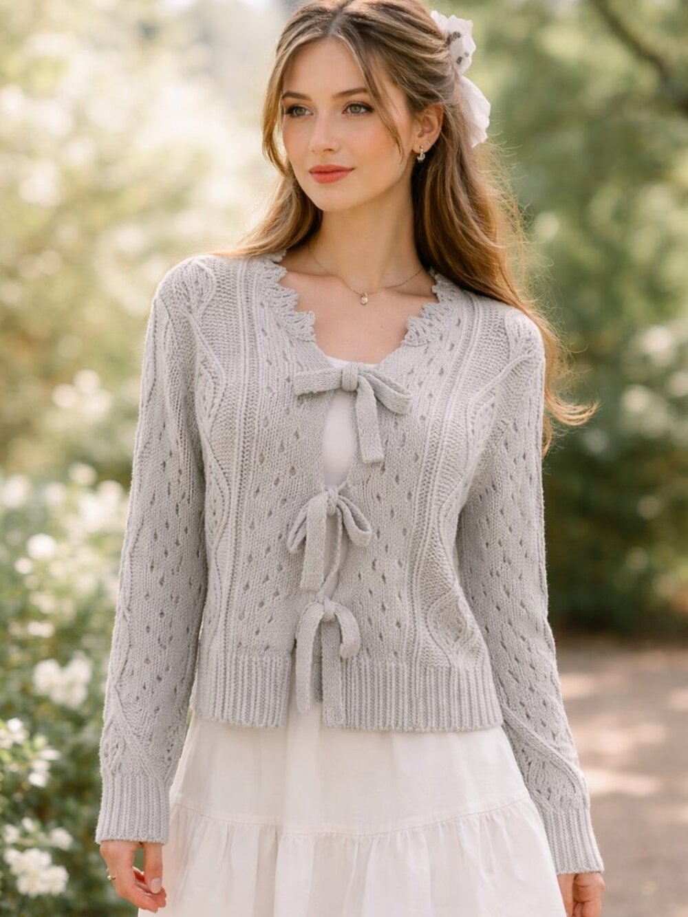 Listicle Tie Front Bow Cardigan Womens Small Sage Green Coquette Cottagecore